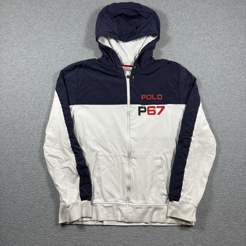 Polo Ralph Lauren P67 Colorblock Hooded Track Jacket Mens L Full Zip White Navy